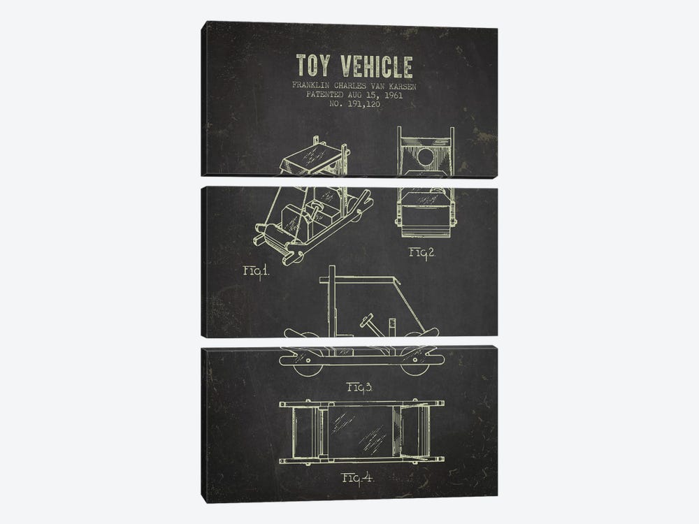 Franklin Van Karsen Flintstone Toy Car Patent Sketch (Charcoal) by Aged Pixel 3-piece Canvas Print