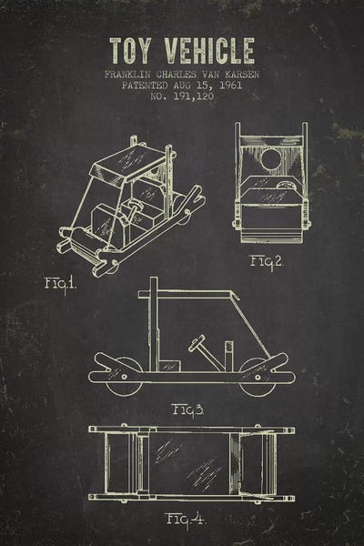 Toy & Game Blueprints: Franklin Van Karsen Flintstone Toy Car Patent Sketch (Charcoal) by Aged Pixel