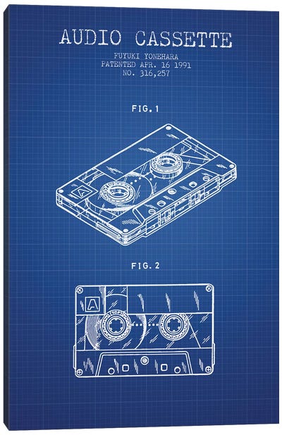Fuyuki Yonehara Audio Cassette Patent Sketch (Blue Grid) Canvas Art Print - Music Blueprints