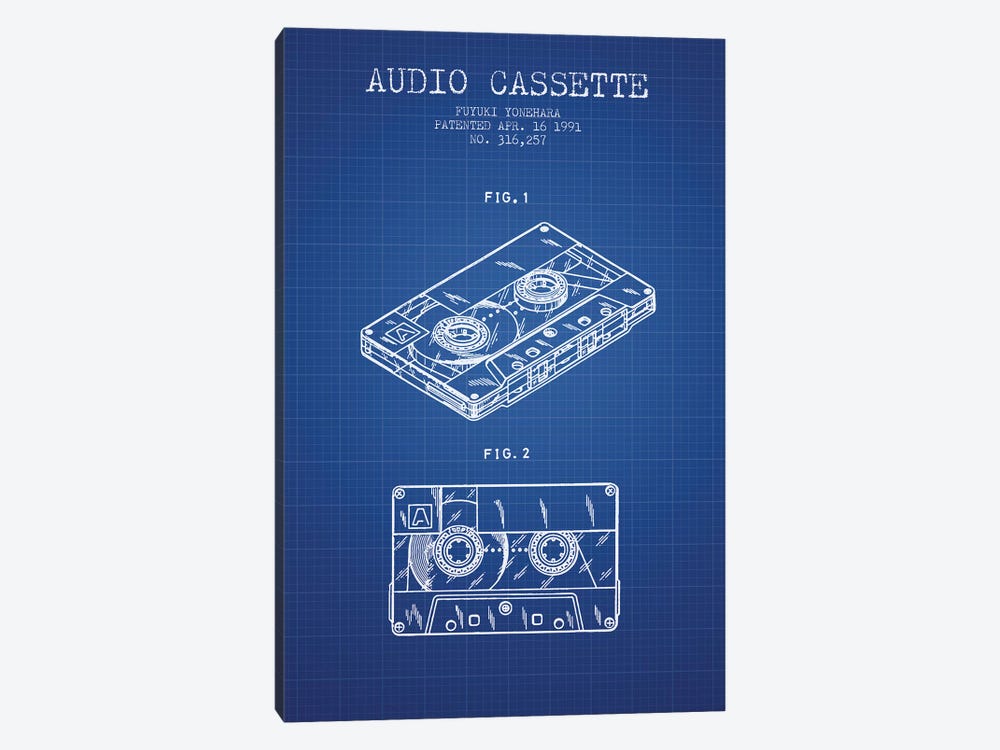 Fuyuki Yonehara Audio Cassette Patent Sketch (Blue Grid) by Aged Pixel 1-piece Canvas Art