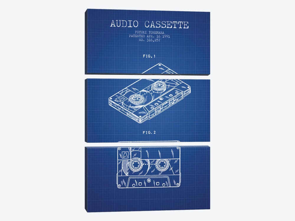 Fuyuki Yonehara Audio Cassette Patent Sketch (Blue Grid) by Aged Pixel 3-piece Canvas Wall Art