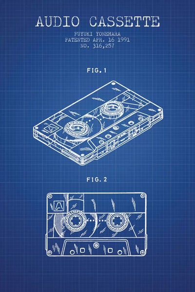 Music Blueprints: Fuyuki Yonehara Audio Cassette Patent Sketch (Blue Grid) by Aged Pixel