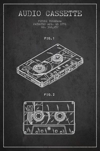 Music Blueprints: Fuyuki Yonehara Audio Cassette Patent Sketch (Charcoal) by Aged Pixel