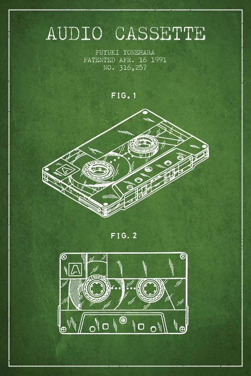 Fuyuki Yonehara Audio Cassette Patent Sketch (Green) by Aged Pixel wall art