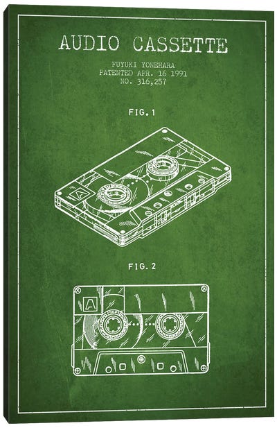 Fuyuki Yonehara Audio Cassette Patent Sketch (Green) Canvas Art Print - Cassette Tapes