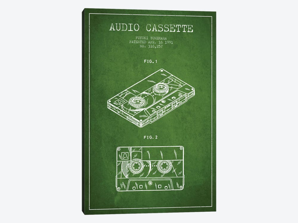 Fuyuki Yonehara Audio Cassette Patent Sketch (Green) by Aged Pixel 1-piece Canvas Art