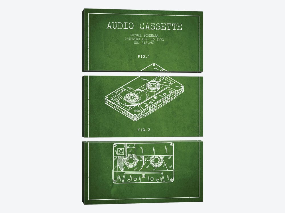 Fuyuki Yonehara Audio Cassette Patent Sketch (Green) by Aged Pixel 3-piece Canvas Artwork