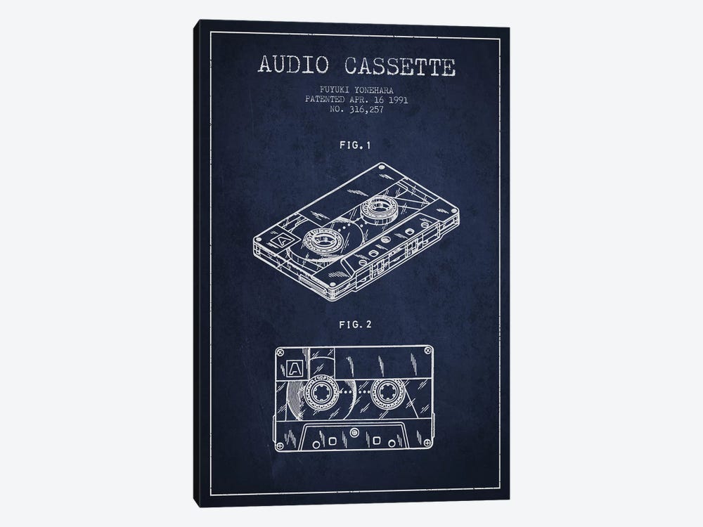 Fuyuki Yonehara Audio Cassette Patent Sketch (Navy Blue) by Aged Pixel 1-piece Art Print