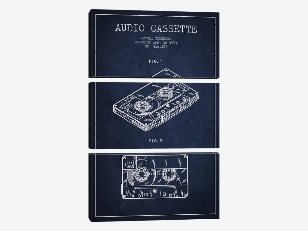 Fuyuki Yonehara Audio Cassette Patent Sketch (Navy Blue) by Aged Pixel 3-piece Art Print