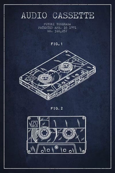 Music Blueprints: Fuyuki Yonehara Audio Cassette Patent Sketch (Navy Blue) by Aged Pixel