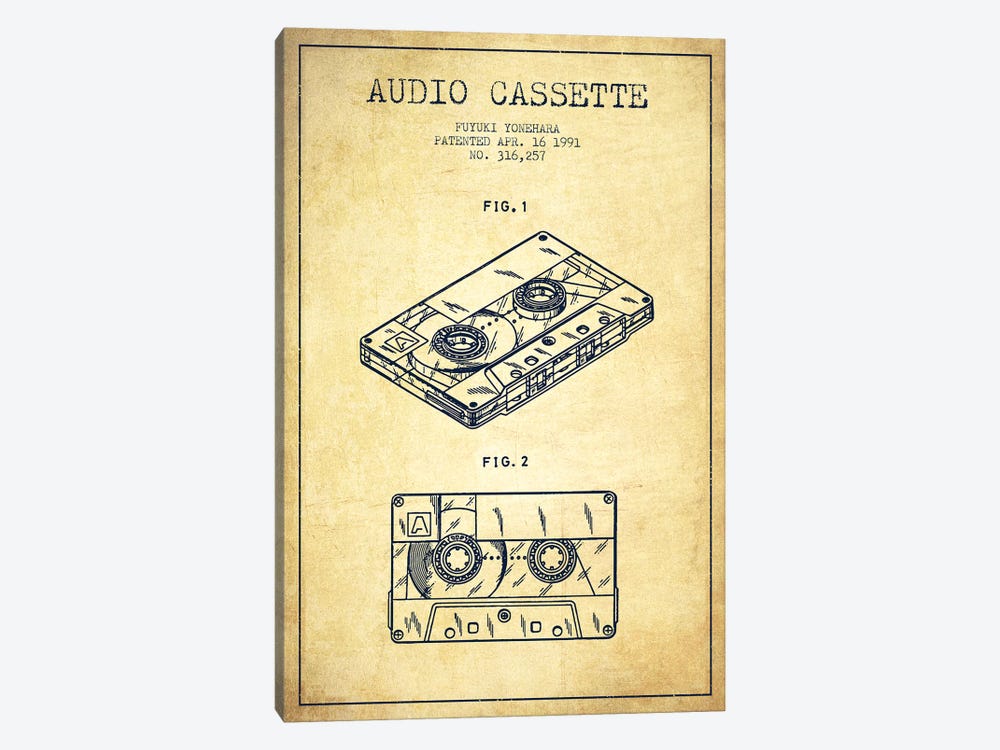 Fuyuki Yonehara Audio Cassette Patent Sketch (Vintage) by Aged Pixel 1-piece Canvas Art