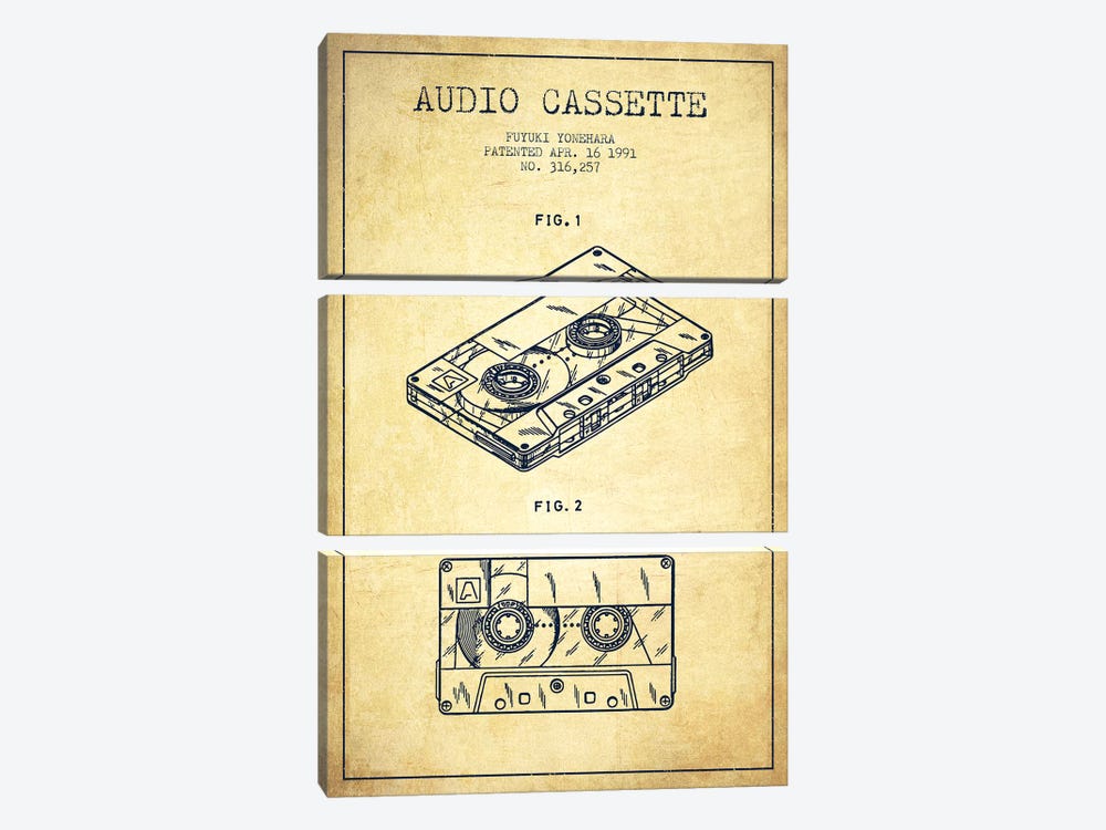 Fuyuki Yonehara Audio Cassette Patent Sketch (Vintage) by Aged Pixel 3-piece Canvas Wall Art