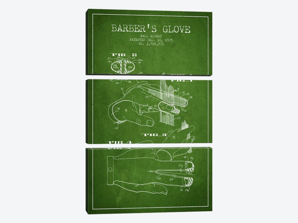 Barber's Glove Green Patent Blueprint by Aged Pixel 3-piece Canvas Art Print