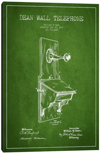 Wall Telephone Green Patent Blueprint Canvas Art Print - Electronics & Communication Blueprints