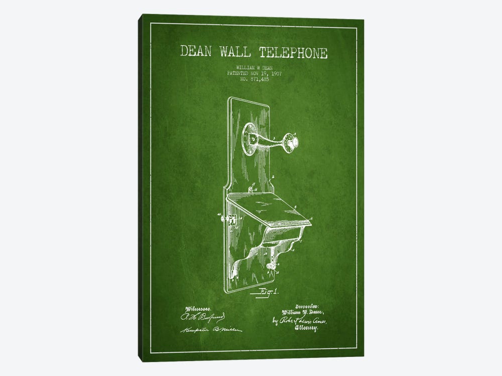 Wall Telephone Green Patent Blueprint by Aged Pixel 1-piece Canvas Art Print