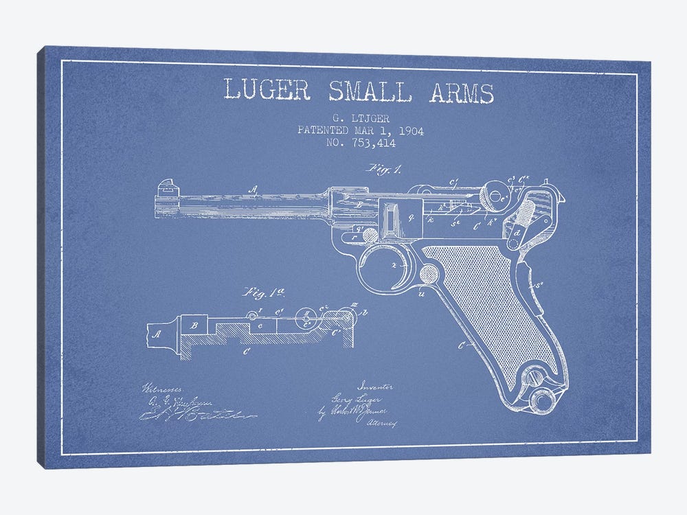 Georg Luger Arms Patent Sketch (Light Blue) by Aged Pixel 1-piece Canvas Artwork