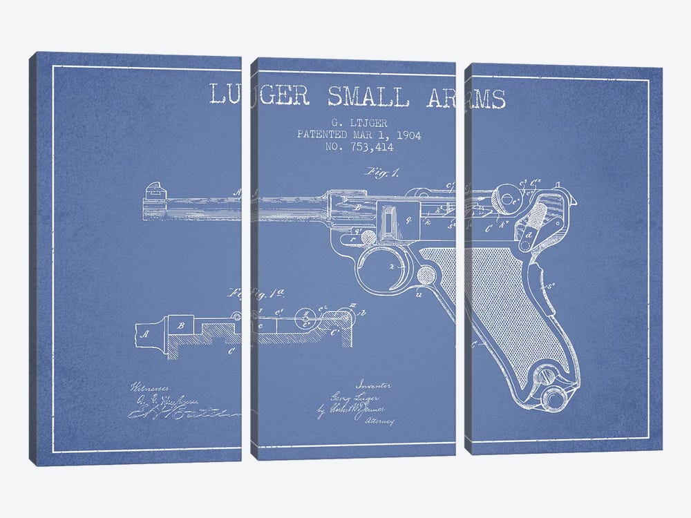 Georg Luger Arms Patent Sketch (Light Blue) by Aged Pixel 3-piece Canvas Wall Art