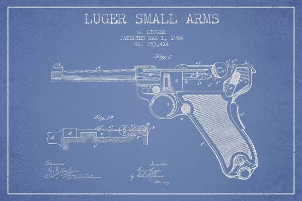 Weapon Blueprints: Georg Luger Arms Patent Sketch (Light Blue) by Aged Pixel