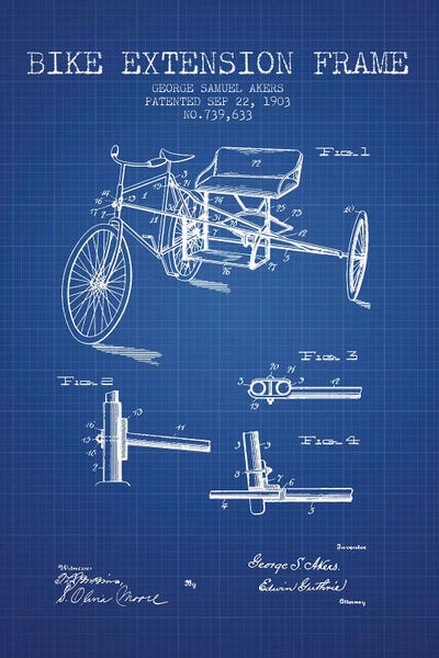 G.W. Akers Bike Extension Frame Patent Sketch (Blue Grid) by Aged Pixel framed canvas print