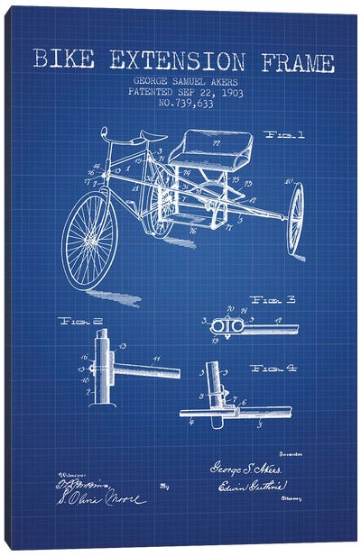 G.W. Akers Bike Extension Frame Patent Sketch (Blue Grid) Canvas Art Print - Bicycle Art