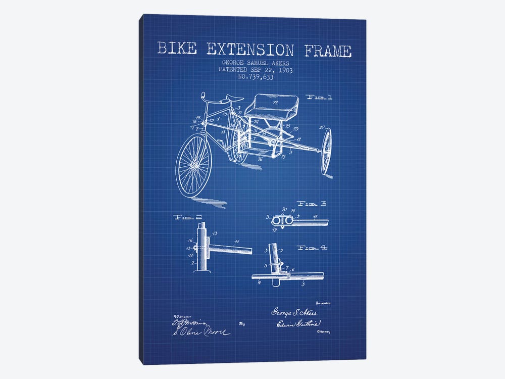 G.W. Akers Bike Extension Frame Patent Sketch (Blue Grid) by Aged Pixel 1-piece Canvas Art