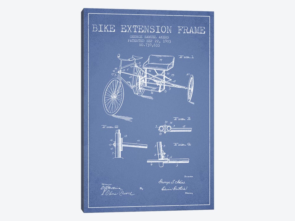 G.W. Akers Bike Extension Frame Patent Sketch (Light Blue) by Aged Pixel 1-piece Canvas Art Print
