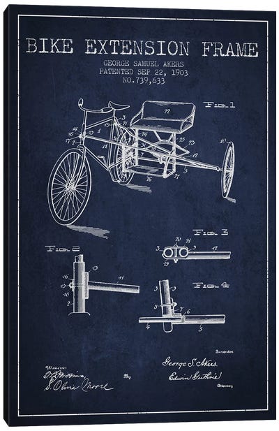 G.W. Akers Bike Extension Frame Patent Sketch (Navy Blue) Canvas Art Print - Bicycle Art
