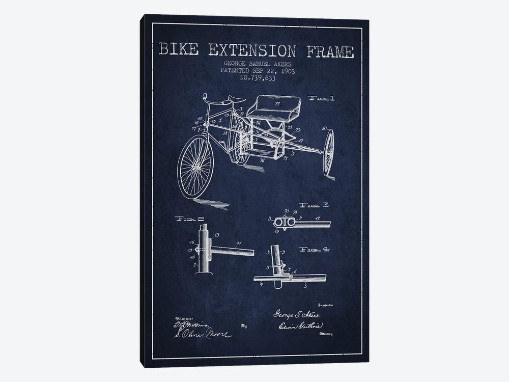 G.W. Akers Bike Extension Frame Patent Sketch (Navy Blue) by Aged Pixel 1-piece Canvas Art