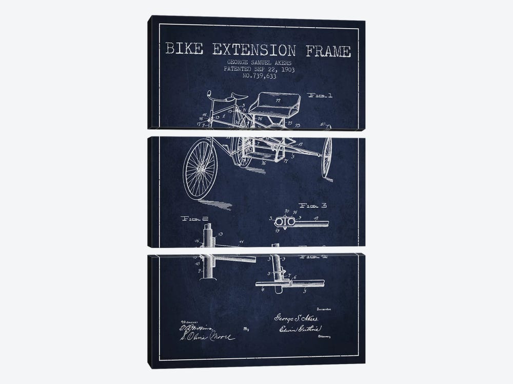 G.W. Akers Bike Extension Frame Patent Sketch (Navy Blue) by Aged Pixel 3-piece Canvas Artwork