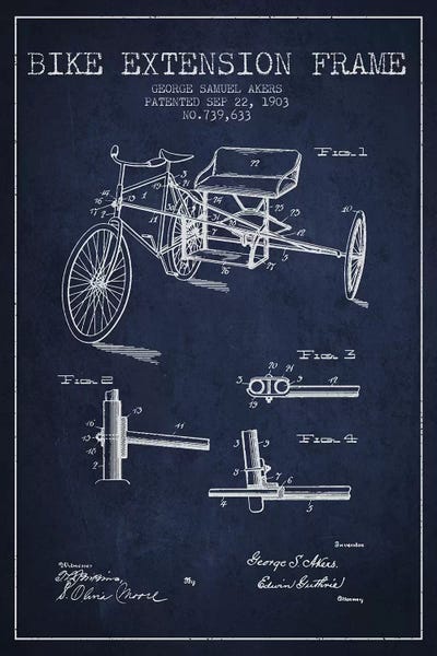 Sports Blueprints: G.W. Akers Bike Extension Frame Patent Sketch (Navy Blue) by Aged Pixel