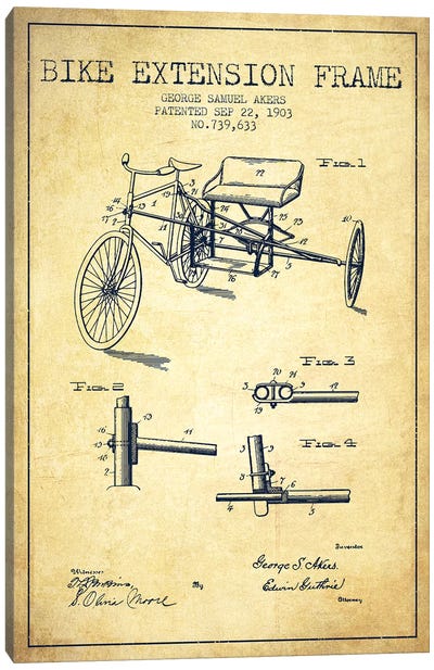 G.W. Akers Bike Extension Frame Patent Sketch (Vintage) Canvas Art Print - Bicycle Art