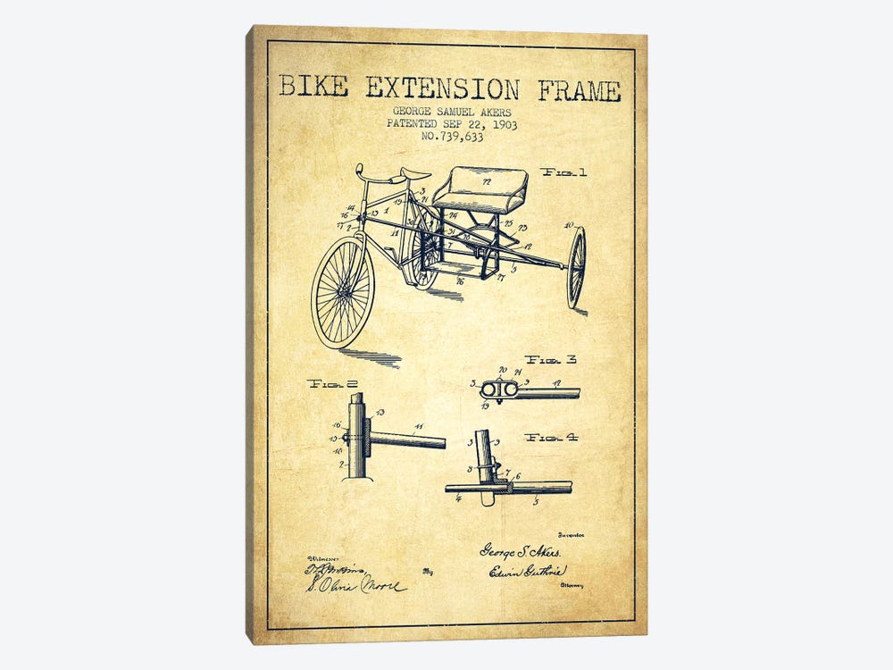 G.W. Akers Bike Extension Frame Patent Sketch (Vintage) by Aged Pixel 1-piece Canvas Art Print