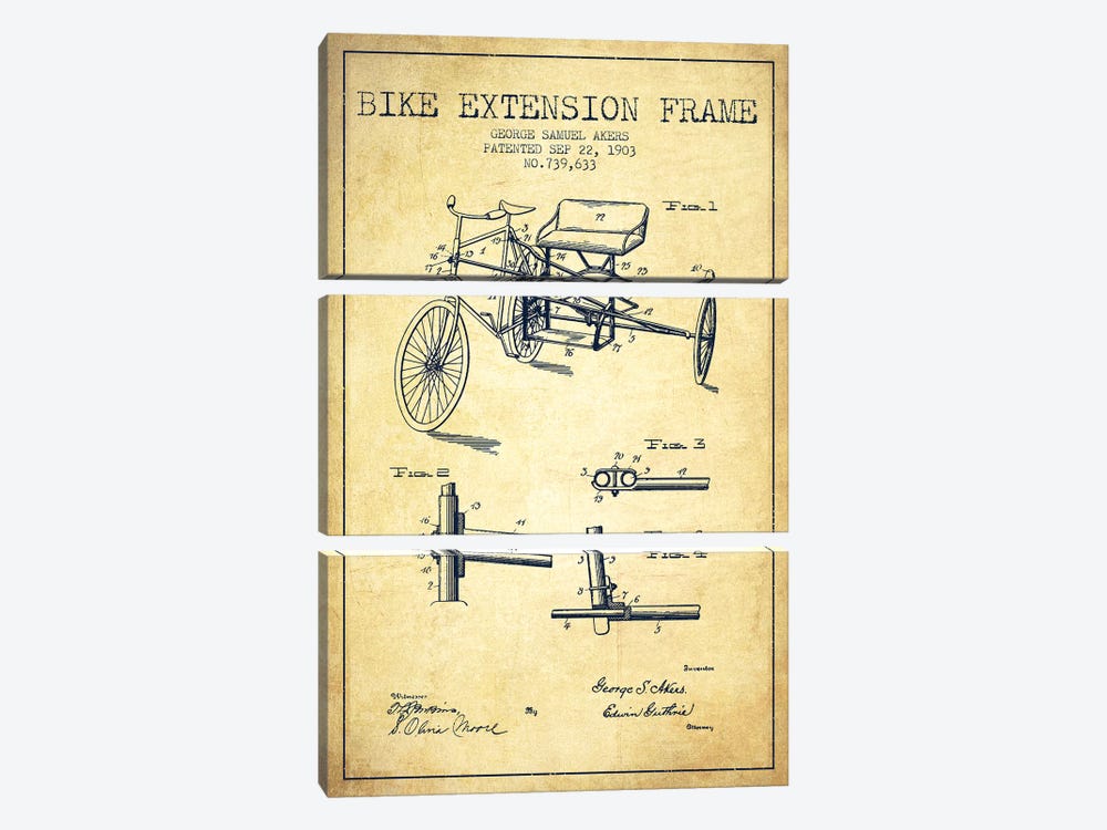 G.W. Akers Bike Extension Frame Patent Sketch (Vintage) by Aged Pixel 3-piece Canvas Print