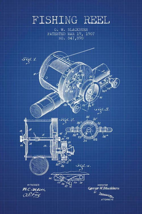 G.W. Blackburn Fishing Reel Patent Sketch (Blue Grid)