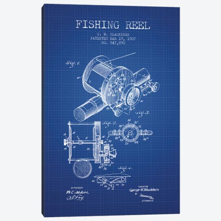 G.W. Blackburn Fishing Reel Patent Sketch (Blue Grid) Canvas Print #ADP2924} by Aged Pixel Canvas Artwork