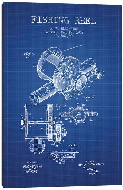 G.W. Blackburn Fishing Reel Patent Sketch (Blue Grid) Canvas Art Print