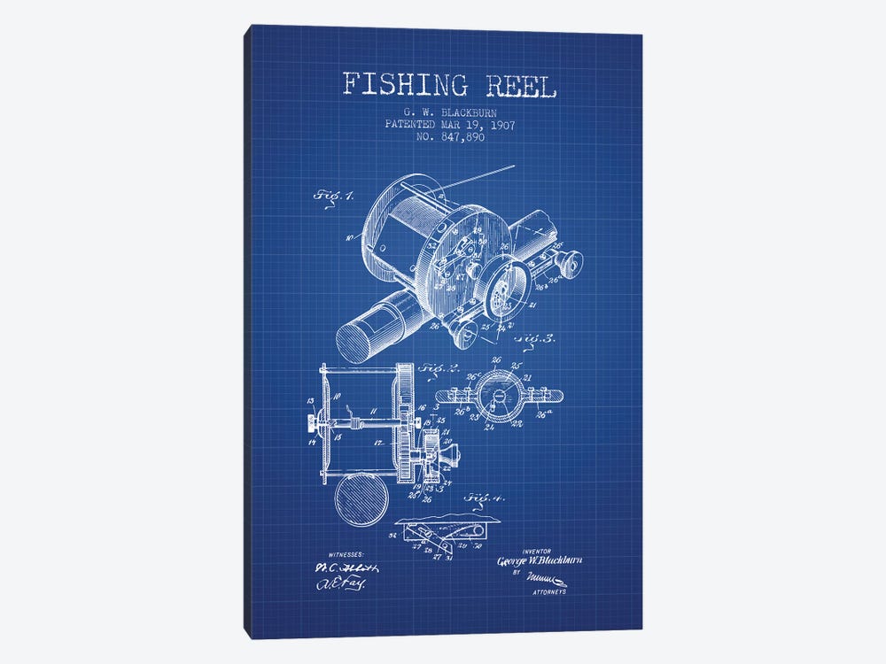 G.W. Blackburn Fishing Reel Patent Sketch (Blue Grid) by Aged Pixel 1-piece Canvas Art