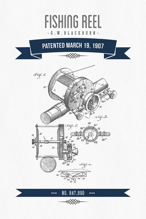 G.W. Blackburn Fishing Reel Patent Sketch Retro (Navy Blue)