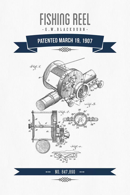 G.W. Blackburn Fishing Reel Patent Sketch Retro (Navy Blue) by Aged Pixel wall art