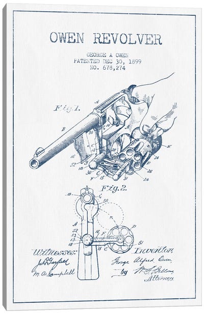 George A. Owen Revolver Ink Patent Sketch (Ink) Canvas Art Print - Weapon Blueprints