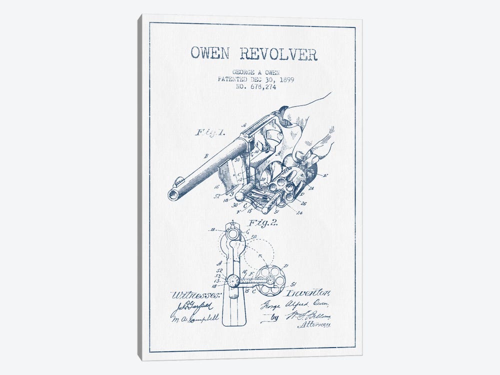 George A. Owen Revolver Ink Patent Sketch (Ink) by Aged Pixel 1-piece Canvas Wall Art