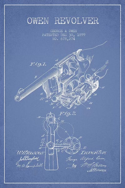 George A. Owen Revolver Ink Patent Sketch (Light Blue) by Aged Pixel canvas print