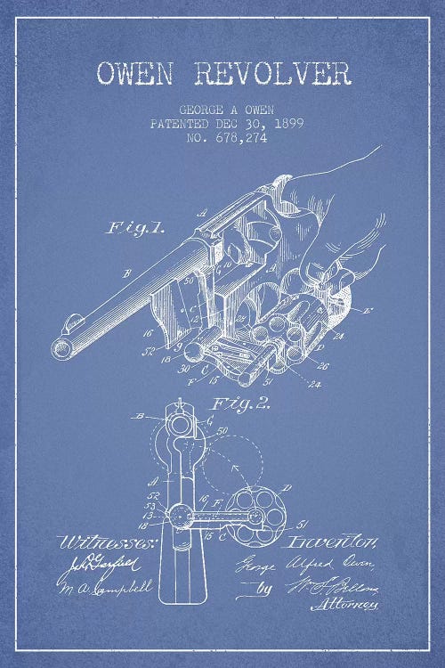 George A. Owen Revolver Ink Patent Sketch (Light Blue) by Aged Pixel wall art