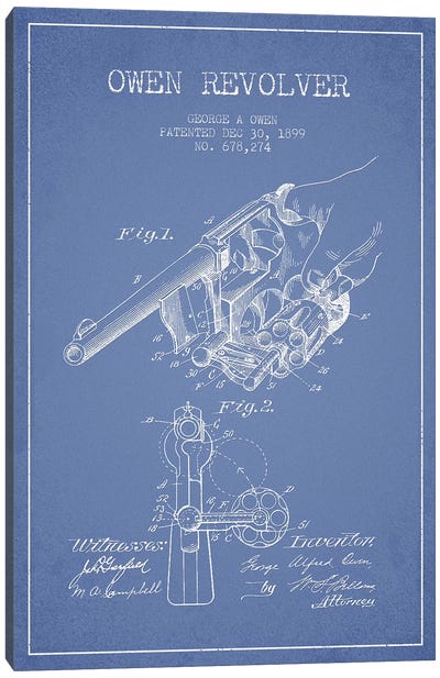 George A. Owen Revolver Ink Patent Sketch (Light Blue) Canvas Art Print - Aged Pixel: Weapons