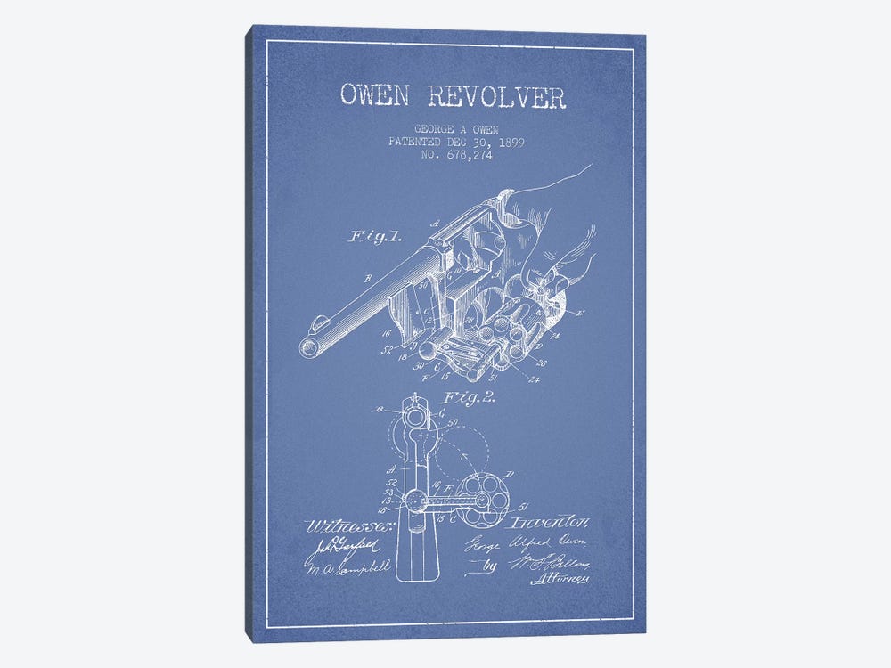 George A. Owen Revolver Ink Patent Sketch (Light Blue) by Aged Pixel 1-piece Canvas Print