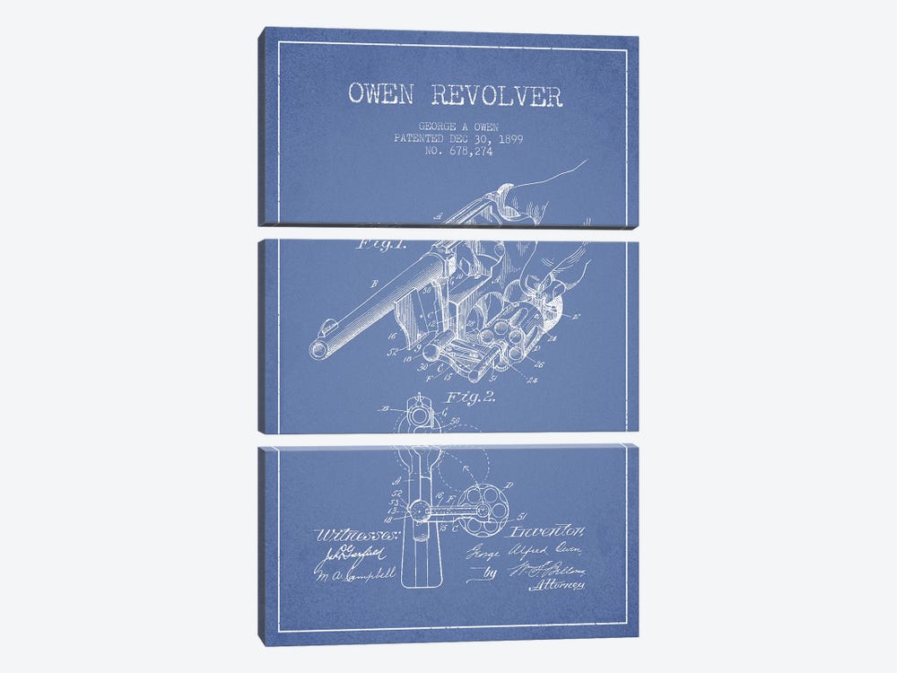George A. Owen Revolver Ink Patent Sketch (Light Blue) by Aged Pixel 3-piece Canvas Print