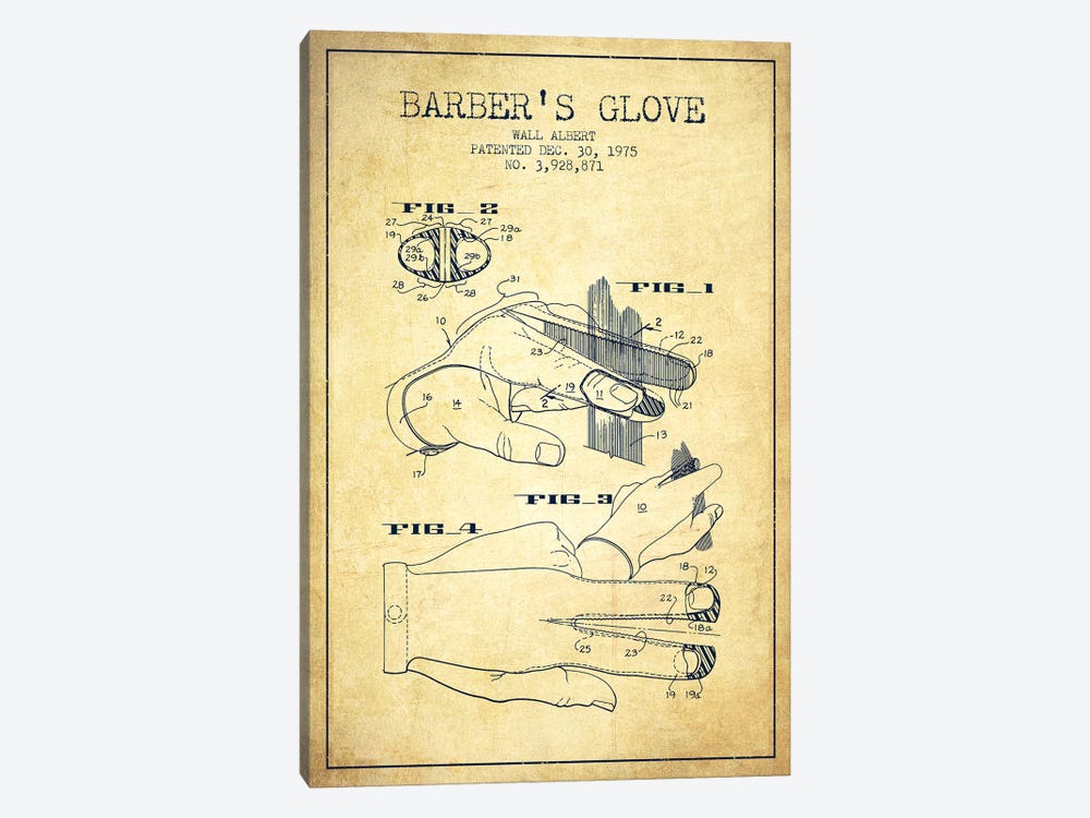 Barber's Glove Vintage Patent Blueprint by Aged Pixel 1-piece Art Print