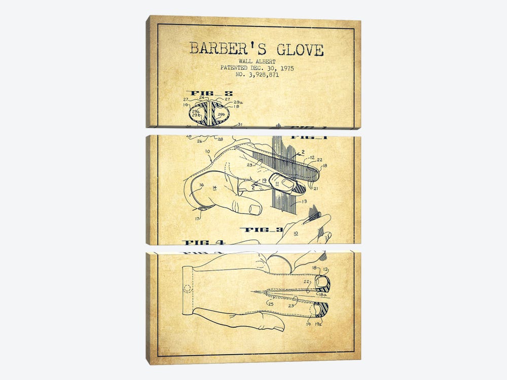 Barber's Glove Vintage Patent Blueprint by Aged Pixel 3-piece Canvas Art Print