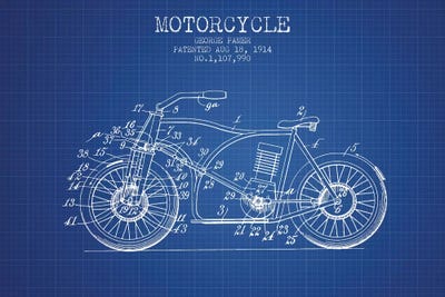 George Pamer Motorcycle Patent Sketch (Blue Grid) by Aged Pixel metal wall art