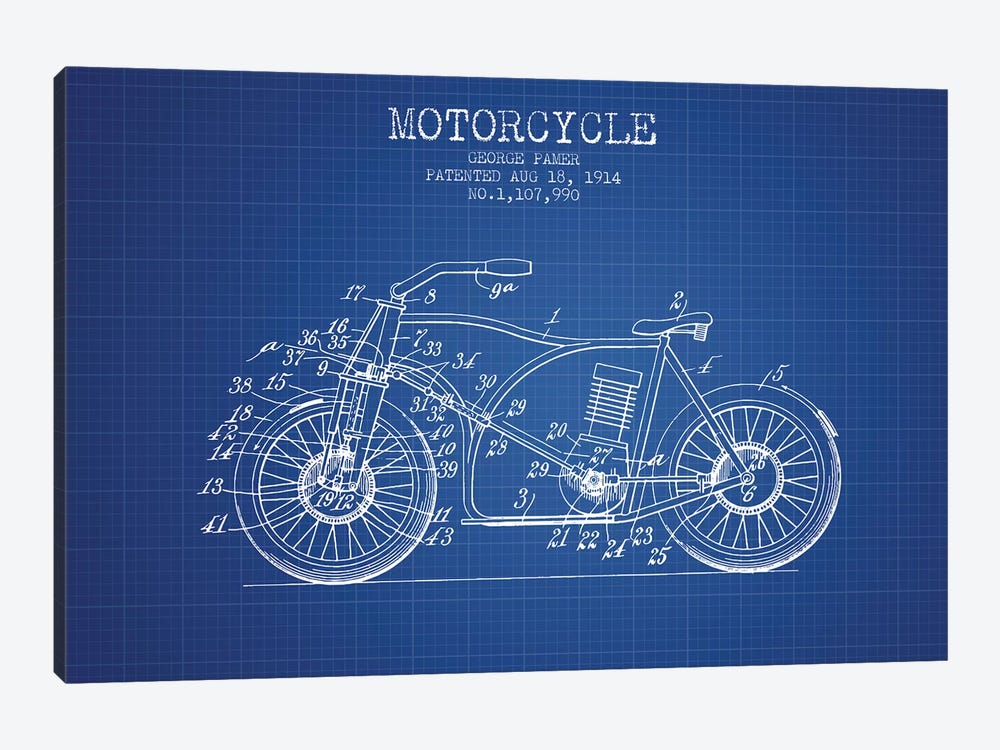 George Pamer Motorcycle Patent Sketch (Blue Grid) by Aged Pixel 1-piece Art Print